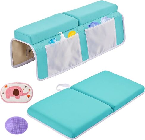 Baby Bath Kneeler and Elbow Rest Pad Set,Baby Bathtub Mat for Newborn Essentials Must Haves,Kneeling Pad with Soft Memory Foam and Bath Toy Organizer,Silicone Brush Bath Sponge,Blue in Kuwait