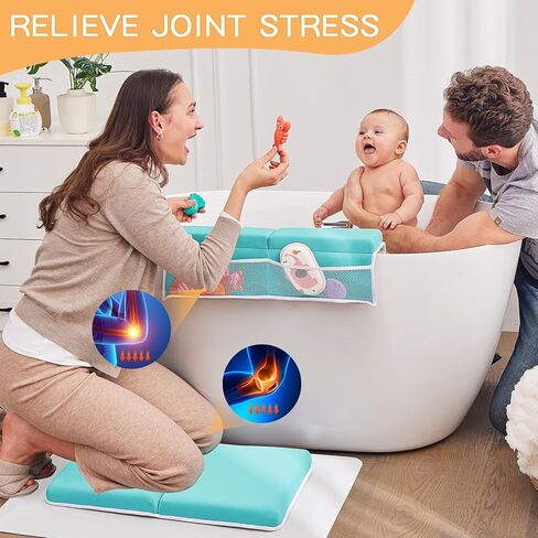 Baby Bath Kneeler and Elbow Rest Pad Set,Baby Bathtub Mat for Newborn Essentials Must Haves,Kneeling Pad with Soft Memory Foam and Bath Toy Organizer,Silicone Brush Bath Sponge,Blue in Kuwait