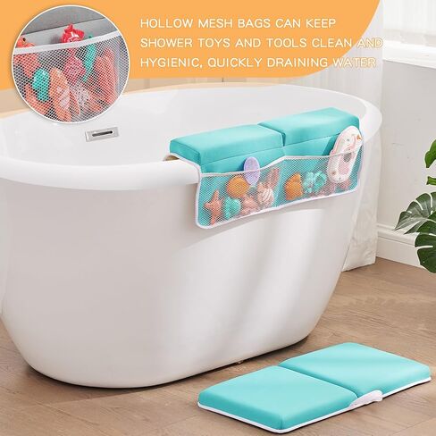 Baby Bath Kneeler and Elbow Rest Pad Set,Baby Bathtub Mat for Newborn Essentials Must Haves,Kneeling Pad with Soft Memory Foam and Bath Toy Organizer,Silicone Brush Bath Sponge,Blue in Kuwait