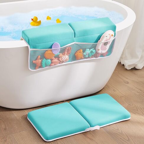 Baby Bath Kneeler and Elbow Rest Pad Set,Baby Bathtub Mat for Newborn Essentials Must Haves,Kneeling Pad with Soft Memory Foam and Bath Toy Organizer,Silicone Brush Bath Sponge,Blue in Kuwait