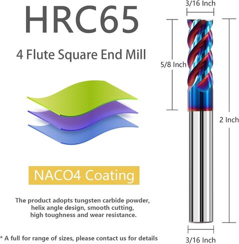 3/16" Solid Carbide Square Nose End Mills Set 65HRC Tungsten Steel Milling Cutter 4 Flute CNC Milling Bits for Stainless Steel Hardness Steel in Kuwait