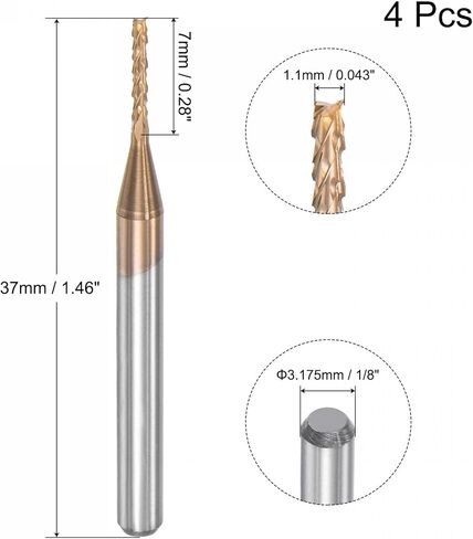 uxcell End Mill CNC Router Bits, 1/8" 3.175mm Shank 0.2mm x 1mm Titanium Coated Tungsten Carbide Engraving Milling Cutter for PCB Plastic Fiber Wood 4pcs in Kuwait