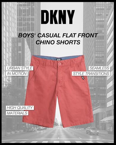 شورت DKNY للأولاد - شورت تشينو من نسيج التويل ذو قصة كلاسيكية مسطحة من الأمام - شورت صيفي كاجوال للأولاد (8-18) in Kuwait