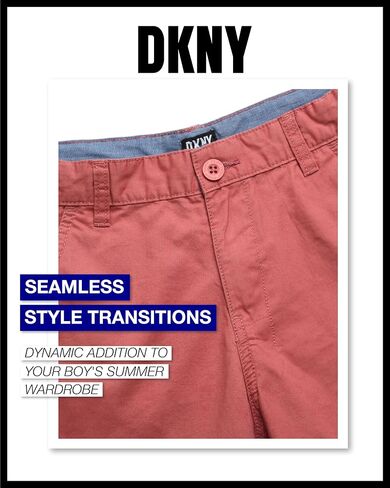 شورت DKNY للأولاد - شورت تشينو من نسيج التويل ذو قصة كلاسيكية مسطحة من الأمام - شورت صيفي كاجوال للأولاد (8-18) in Kuwait