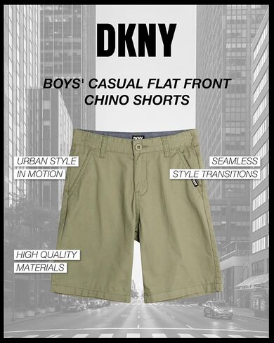 شورت DKNY للأولاد - شورت تشينو من نسيج التويل ذو قصة كلاسيكية مسطحة من الأمام - شورت صيفي كاجوال للأولاد (8-18) in Kuwait