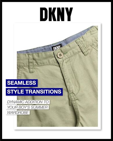 شورت DKNY للأولاد - شورت تشينو من نسيج التويل ذو قصة كلاسيكية مسطحة من الأمام - شورت صيفي كاجوال للأولاد (8-18) in Kuwait