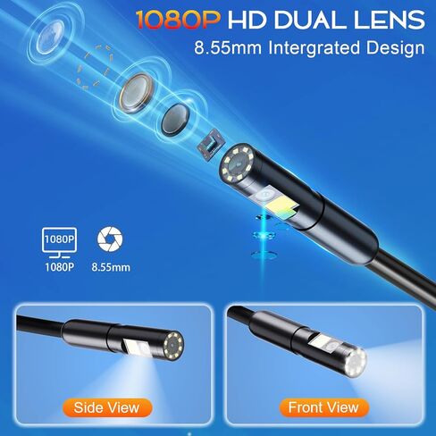 بوريسكوب ثنائي العدسات، كاميرا منظار صناعي مقاس 4.3 بوصة مع ضوء، كاميرا فحص عالية الدقة 1080 بكسل، كاميرا ثعبان مقاومة للماء IP67 مع 9 مصابيح LED، كاميرا نطاق للمنزل/الأنابيب/السيارات (16.5 قدمًا) in Kuwait