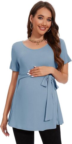 Smallshow Women's Maternity Shirts Tie Front Short Sleeve Pregnancy Tops Clothes in Saudi Arabia
