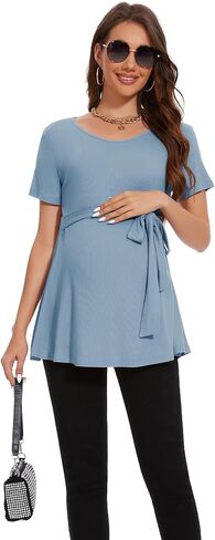 Smallshow Women's Maternity Shirts Tie Front Short Sleeve Pregnancy Tops Clothes in Saudi Arabia