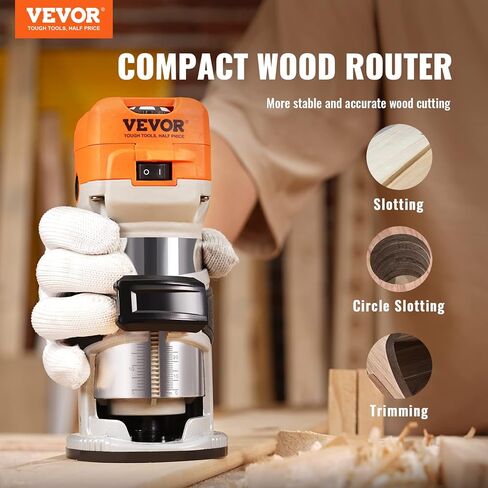 جهاز توجيه الخشب VEVOR، 1.25HP 800W، أداة توجيه تشذيب الخشب المدمجة، 30000 دورة في الدقيقة السرعة القصوى 6 سرعات متغيرة، مع 1/4 بوصة و5/16 بوصة أطواق 12 قطعة من غطاء الغبار لقطع الطحن، لتشذيب فتحات النجارة in Kuwait