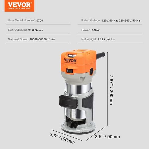 جهاز توجيه الخشب VEVOR، 1.25HP 800W، أداة توجيه تشذيب الخشب المدمجة، 30000 دورة في الدقيقة السرعة القصوى 6 سرعات متغيرة، مع 1/4 بوصة و5/16 بوصة أطواق 12 قطعة من غطاء الغبار لقطع الطحن، لتشذيب فتحات النجارة in Kuwait