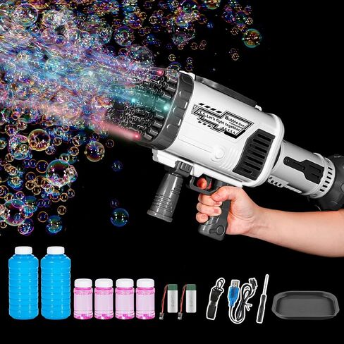 Bubble Gun - 64 Holes Bubble Guns Machine Has Led Lights, Large Handheld Bubble Gun Has Two Rechargeable Batteries/Six Bottles of Bubble Water for Kids Adults, Black in Saudi Arabia
