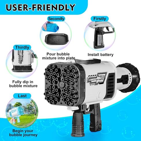 Bubble Gun - 64 Holes Bubble Guns Machine Has Led Lights, Large Handheld Bubble Gun Has Two Rechargeable Batteries/Six Bottles of Bubble Water for Kids Adults, Black in Saudi Arabia