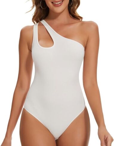 SHAPERIN Women's One Shoulder Cutout Front Sleeveless Thong Bodysuit Backless Tank Tops Leotard in Saudi Arabia