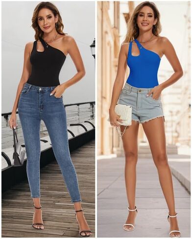 SHAPERIN Women's One Shoulder Cutout Front Sleeveless Thong Bodysuit Backless Tank Tops Leotard in Saudi Arabia