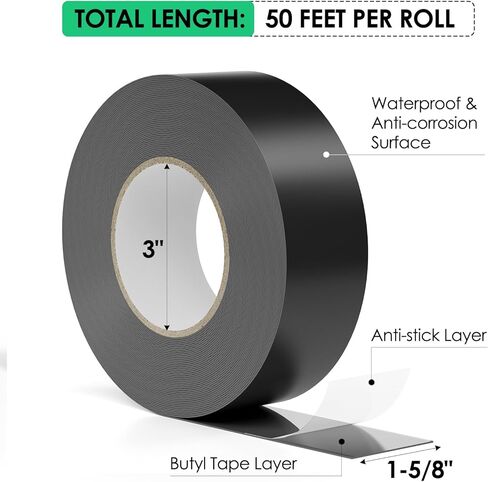 Butyl Joist Tape for Decking 1-5/8" x 50', 6 Pack Black Waterproof Deck Tape Outdoor, Butyl Flashing Tape for RV Roof, Top of Joists, Rim Joists, Under Joists & Beams, Duct Repair Tape in Saudi Arabia
