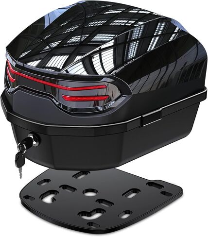 35L Motorcycle Top Case, Motor Daily Tail Box Trunk Lockable Storage Carrier Plastic Case Built-in Backrest with Universal Mounting for Helmet Luggage, Waterproof Motorcycle Top Box - Black in Kuwait