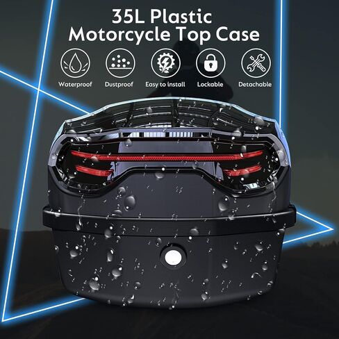 35L Motorcycle Top Case, Motor Daily Tail Box Trunk Lockable Storage Carrier Plastic Case Built-in Backrest with Universal Mounting for Helmet Luggage, Waterproof Motorcycle Top Box - Black in Kuwait