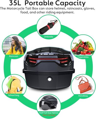 35L Motorcycle Top Case, Motor Daily Tail Box Trunk Lockable Storage Carrier Plastic Case Built-in Backrest with Universal Mounting for Helmet Luggage, Waterproof Motorcycle Top Box - Black in Kuwait