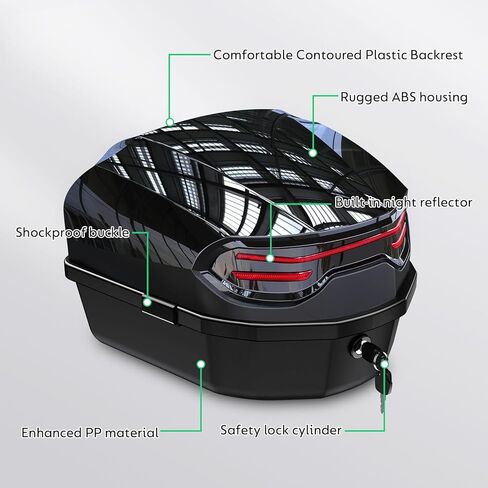 35L Motorcycle Top Case, Motor Daily Tail Box Trunk Lockable Storage Carrier Plastic Case Built-in Backrest with Universal Mounting for Helmet Luggage, Waterproof Motorcycle Top Box - Black in Kuwait