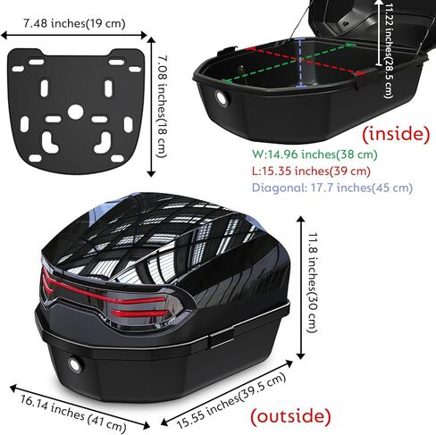 35L Motorcycle Top Case, Motor Daily Tail Box Trunk Lockable Storage Carrier Plastic Case Built-in Backrest with Universal Mounting for Helmet Luggage, Waterproof Motorcycle Top Box - Black in Kuwait