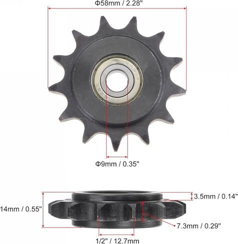 ضرس سلسلة uxcell، 9 مم تتحمل 1/2 بوصة 13 شداد سن، لمسة نهائية من أكسيد الأسود C45 من الفولاذ الكربوني مع محمل فردي لسلاسل ISO 08B in Kuwait