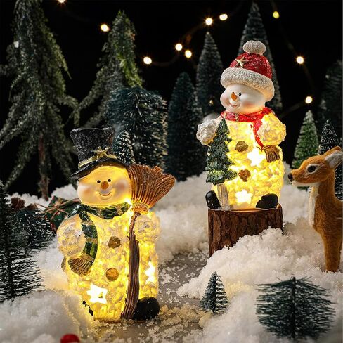 Christmas Village Sets, 2 Pcs Snowman Tree Santa Christmas Village Scene with Figurines LED Light Christmas Village Accessories Tabletop Decorative Christmas Ornaments for Table Decor (Rustic Style) in Saudi Arabia