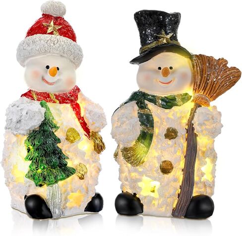 Christmas Village Sets, 2 Pcs Snowman Tree Santa Christmas Village Scene with Figurines LED Light Christmas Village Accessories Tabletop Decorative Christmas Ornaments for Table Decor (Rustic Style) in Saudi Arabia