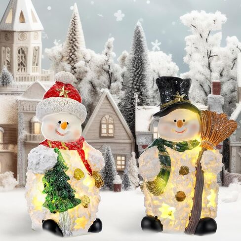 Christmas Village Sets, 2 Pcs Snowman Tree Santa Christmas Village Scene with Figurines LED Light Christmas Village Accessories Tabletop Decorative Christmas Ornaments for Table Decor (Rustic Style) in Saudi Arabia