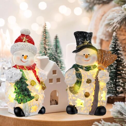 Christmas Village Sets, 2 Pcs Snowman Tree Santa Christmas Village Scene with Figurines LED Light Christmas Village Accessories Tabletop Decorative Christmas Ornaments for Table Decor (Rustic Style) in Saudi Arabia