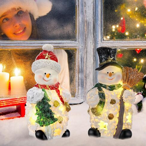 Christmas Village Sets, 2 Pcs Snowman Tree Santa Christmas Village Scene with Figurines LED Light Christmas Village Accessories Tabletop Decorative Christmas Ornaments for Table Decor (Rustic Style) in Saudi Arabia