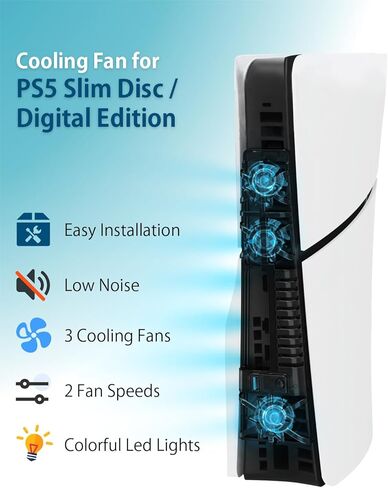 PS5 Slim Cooling Fan with Led Light, Quiet Cooler Fan for PS5 Slim Accessories with 3 High-Speed Fans, USB3.0 Port for PS5 Slim Disc and Digital Edition in Kuwait