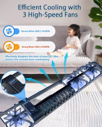 PS5 Slim Cooling Fan with Led Light, Quiet Cooler Fan for PS5 Slim Accessories with 3 High-Speed Fans, USB3.0 Port for PS5 Slim Disc and Digital Edition in Kuwait