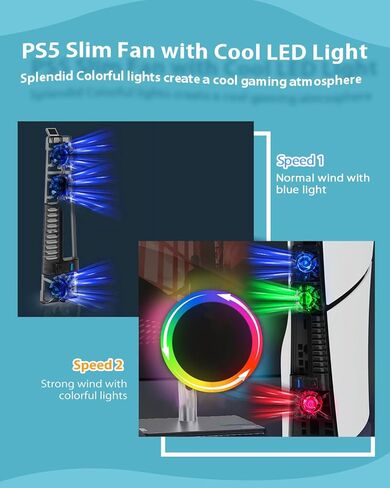 PS5 Slim Cooling Fan with Led Light, Quiet Cooler Fan for PS5 Slim Accessories with 3 High-Speed Fans, USB3.0 Port for PS5 Slim Disc and Digital Edition in Kuwait