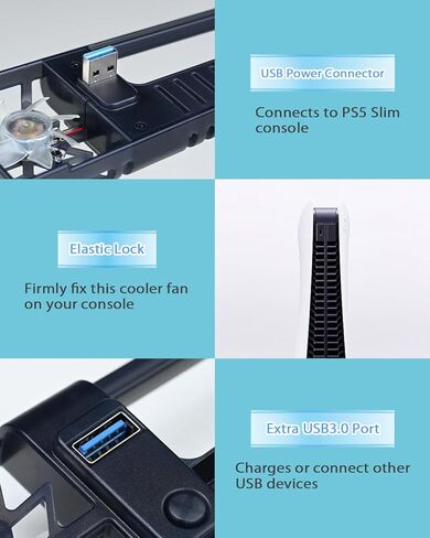 PS5 Slim Cooling Fan with Led Light, Quiet Cooler Fan for PS5 Slim Accessories with 3 High-Speed Fans, USB3.0 Port for PS5 Slim Disc and Digital Edition in Kuwait