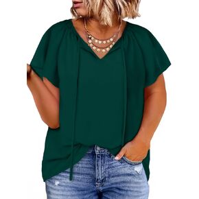 Eytino Women Plus Size Tops Boho Printed V Neck Short Sleeve Drawstring Casual Chiffon Shirts Blouse(1X-5X) in Saudi Arabia