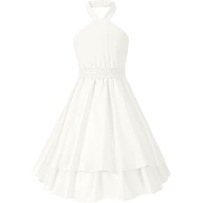 EXARUS Girls Flowy Ruffled Hem Halter/Puff Sleeve/Spaghetti Strap Smocked Dress Casual Mini Dresses 6-14Y in Saudi Arabia