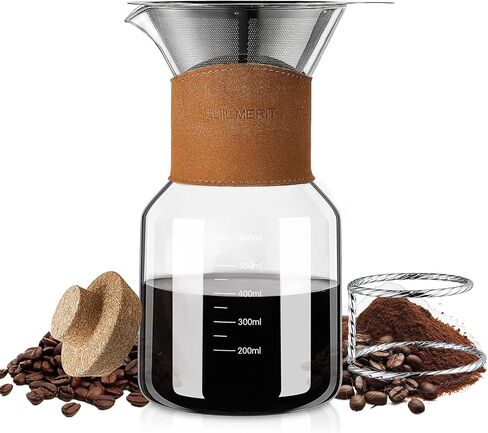 Pour Over Coffee Maker with Double-Layer Stainless Steel Filter - 27 oz Pour Over Coffee Pot and Dripper 6 Cups with Leather Collar, Heat Resistant Glass Coffee Brewer Carafe with Cork Lid for Gifts in Saudi Arabia