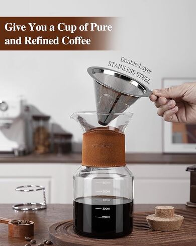 Pour Over Coffee Maker with Double-Layer Stainless Steel Filter - 27 oz Pour Over Coffee Pot and Dripper 6 Cups with Leather Collar, Heat Resistant Glass Coffee Brewer Carafe with Cork Lid for Gifts in Saudi Arabia