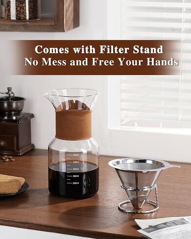 Pour Over Coffee Maker with Double-Layer Stainless Steel Filter - 27 oz Pour Over Coffee Pot and Dripper 6 Cups with Leather Collar, Heat Resistant Glass Coffee Brewer Carafe with Cork Lid for Gifts in Saudi Arabia