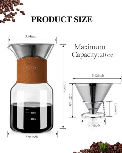 Pour Over Coffee Maker with Double-Layer Stainless Steel Filter - 27 oz Pour Over Coffee Pot and Dripper 6 Cups with Leather Collar, Heat Resistant Glass Coffee Brewer Carafe with Cork Lid for Gifts in Saudi Arabia