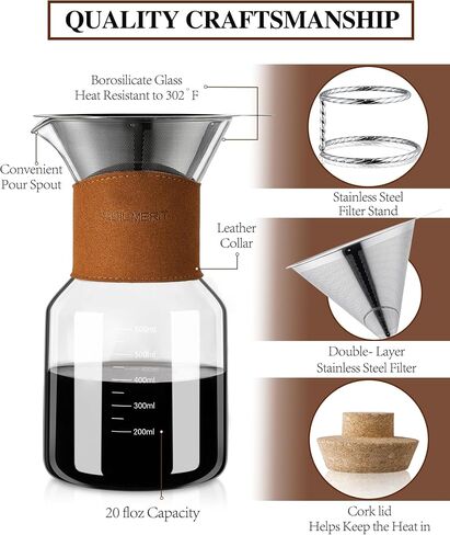 Pour Over Coffee Maker with Double-Layer Stainless Steel Filter - 27 oz Pour Over Coffee Pot and Dripper 6 Cups with Leather Collar, Heat Resistant Glass Coffee Brewer Carafe with Cork Lid for Gifts in Saudi Arabia