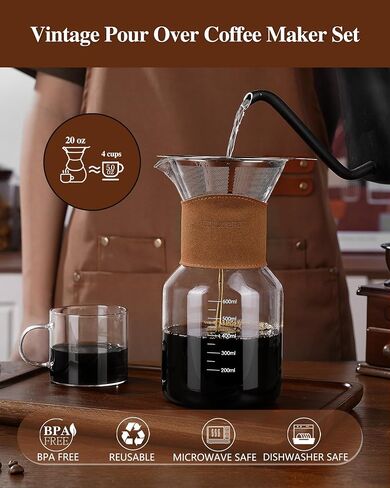 Pour Over Coffee Maker with Double-Layer Stainless Steel Filter - 27 oz Pour Over Coffee Pot and Dripper 6 Cups with Leather Collar, Heat Resistant Glass Coffee Brewer Carafe with Cork Lid for Gifts in Saudi Arabia