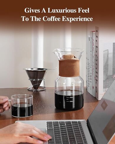 Pour Over Coffee Maker with Double-Layer Stainless Steel Filter - 27 oz Pour Over Coffee Pot and Dripper 6 Cups with Leather Collar, Heat Resistant Glass Coffee Brewer Carafe with Cork Lid for Gifts in Saudi Arabia