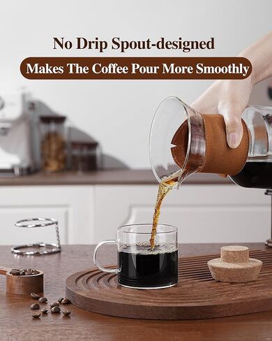 Pour Over Coffee Maker with Double-Layer Stainless Steel Filter - 27 oz Pour Over Coffee Pot and Dripper 6 Cups with Leather Collar, Heat Resistant Glass Coffee Brewer Carafe with Cork Lid for Gifts in Saudi Arabia