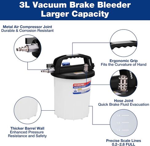 WORKPRO 3L Vacuum Brake Bleeder Kit, Pneumatic Brake Bleeder for One Person, with 1L Brake Fluid Refill Bottle, 22 Adapters, Air Coupler & Gloves, Brake Bleeding Tool for Various Vehicles, Motorcycles in Kuwait