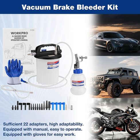 WORKPRO 3L Vacuum Brake Bleeder Kit, Pneumatic Brake Bleeder for One Person, with 1L Brake Fluid Refill Bottle, 22 Adapters, Air Coupler & Gloves, Brake Bleeding Tool for Various Vehicles, Motorcycles in Kuwait