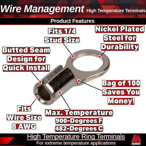 Morris Products High Temperature Ring Terminals – 12-10 Wire Size - #10 Stud Size – Nickel-Plated Steel – For HVAC, Industrial Kilns, Electric Space Heaters, Commercial Ovens, Fryers – Pack of 100 in Saudi Arabia