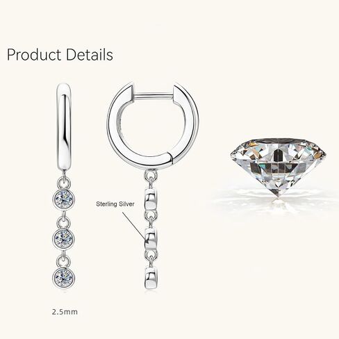 S925 Sterling Silver Small Diamond Hoop Earrings for Women, Drop Earrings Round Cut, Ideal Mother's Day Gift for Mom in Saudi Arabia