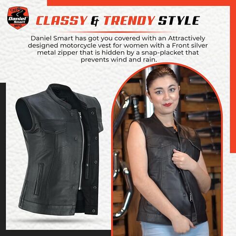 Daniel Smart Black Motorcycle Leather Vest Women Premium Cowhide biker vest for women with Inside Carry Pockets in Saudi Arabia